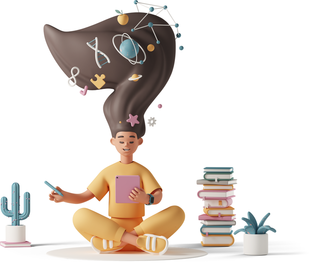 a 3d model of a student sitting on the ground next to some plants and a pile of books. their hair floats above them with dna, planets, fruit, and other symbols orbiting around the hair.